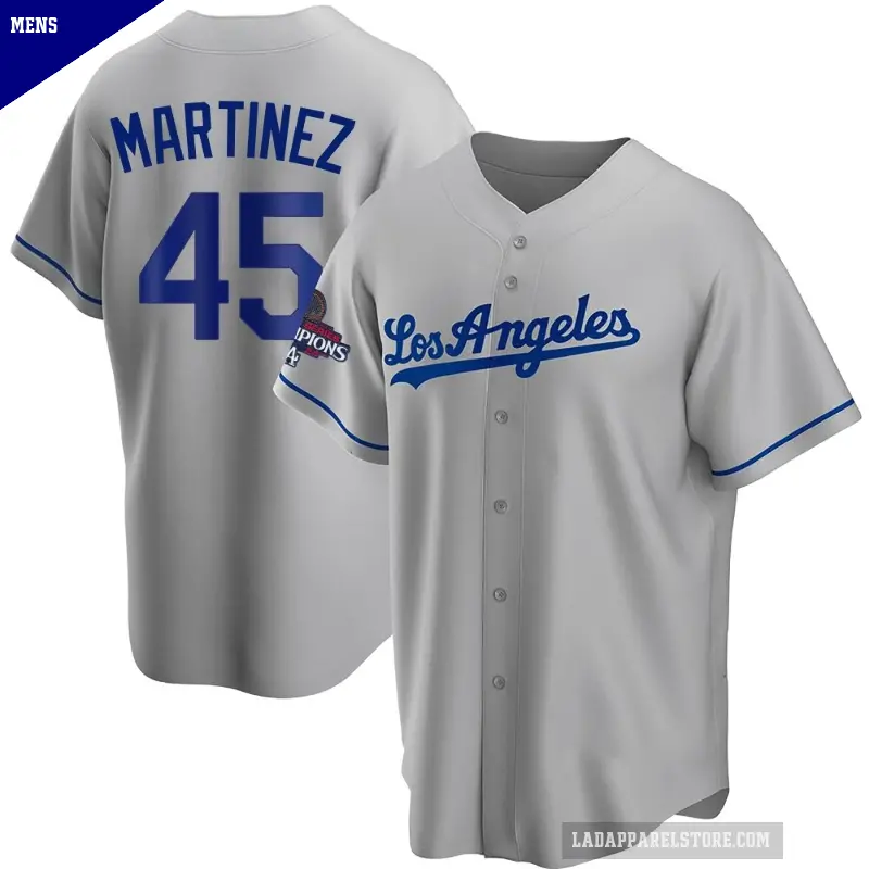 Men's No.45 Pedro Martinez Los Angeles Dodgers Gray Replica Road 2024 World Series Champions Jersey