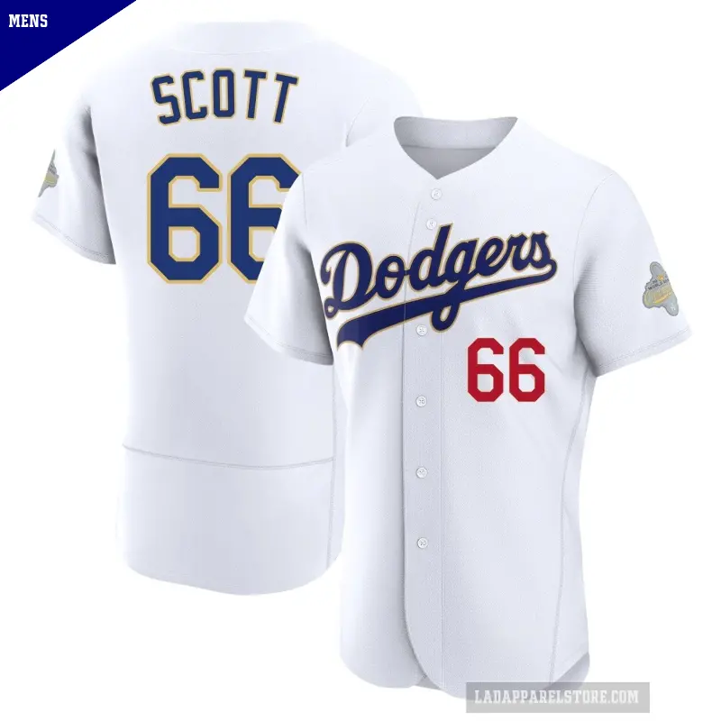 Men's No.66 Tanner Scott Los Angeles Dodgers Gold Authentic White 2026 Collection Jersey