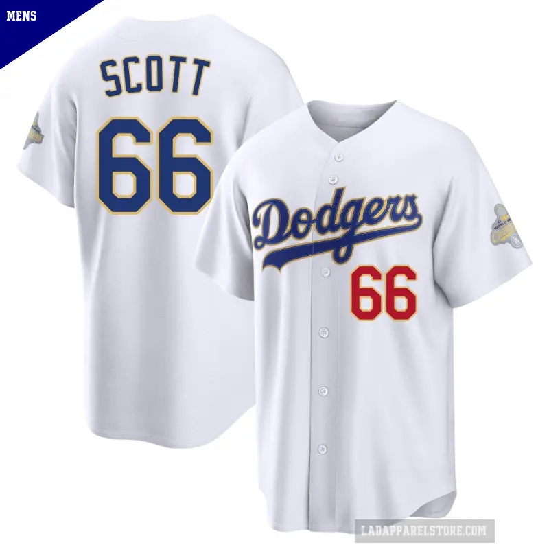 Men's No.66 Tanner Scott Los Angeles Dodgers Gold Limited White 2026 Collection Stadium Jersey