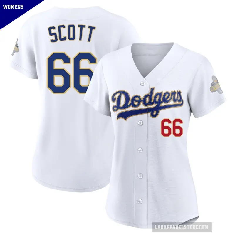 Women's No.66 Tanner Scott Los Angeles Dodgers Gold Limited White 2026 Collection Stadium Jersey