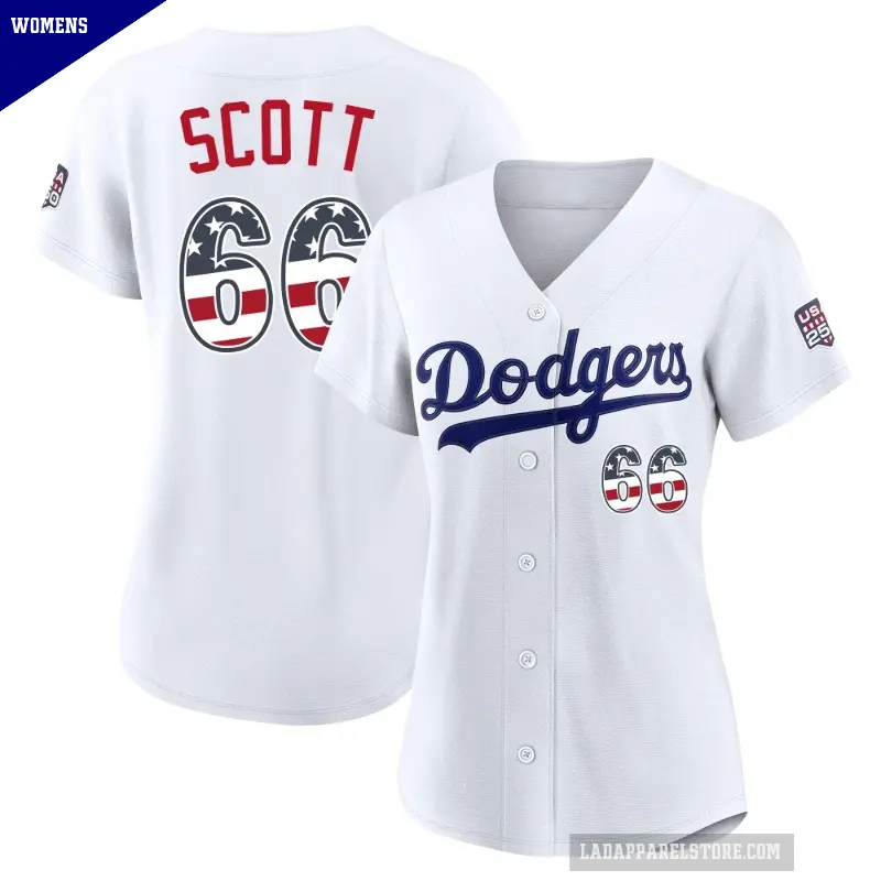 Women's No.66 Tanner Scott Los Angeles Dodgers White Limited USA 250 Fourth Of July Home Stadium Jersey