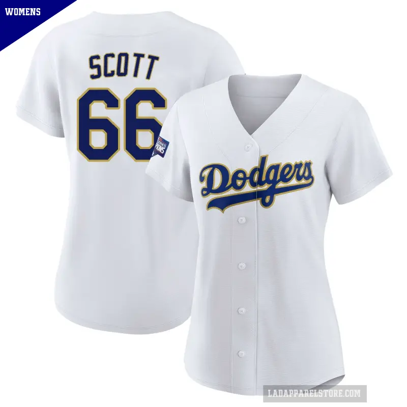 Women's No.66 Tanner Scott Los Angeles Dodgers White/Gold Replica 2021 Gold Program Player Jersey