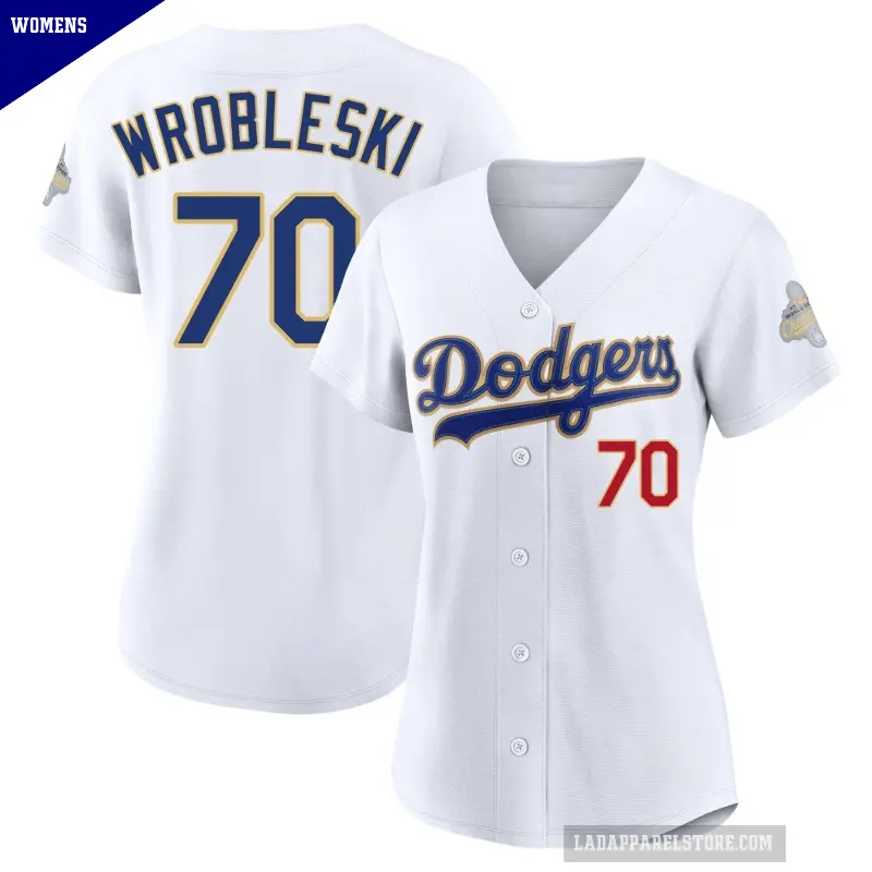Women's No.70 Justin Wrobleski Los Angeles Dodgers Gold Limited White 2026 Collection Stadium Jersey
