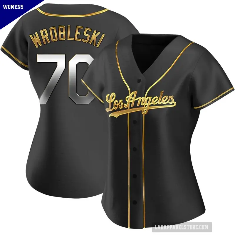 Women's No.70 Justin Wrobleski Los Angeles Dodgers Gold Replica Black en Alternate Jersey
