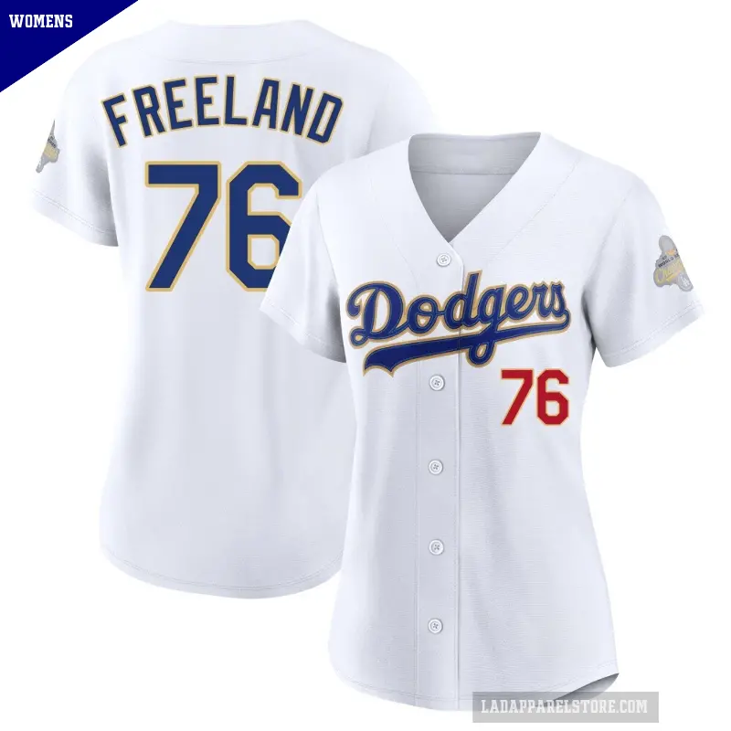 Women's No.76 Alex Freeland Los Angeles Dodgers Gold Limited White 2026 Collection Stadium Jersey