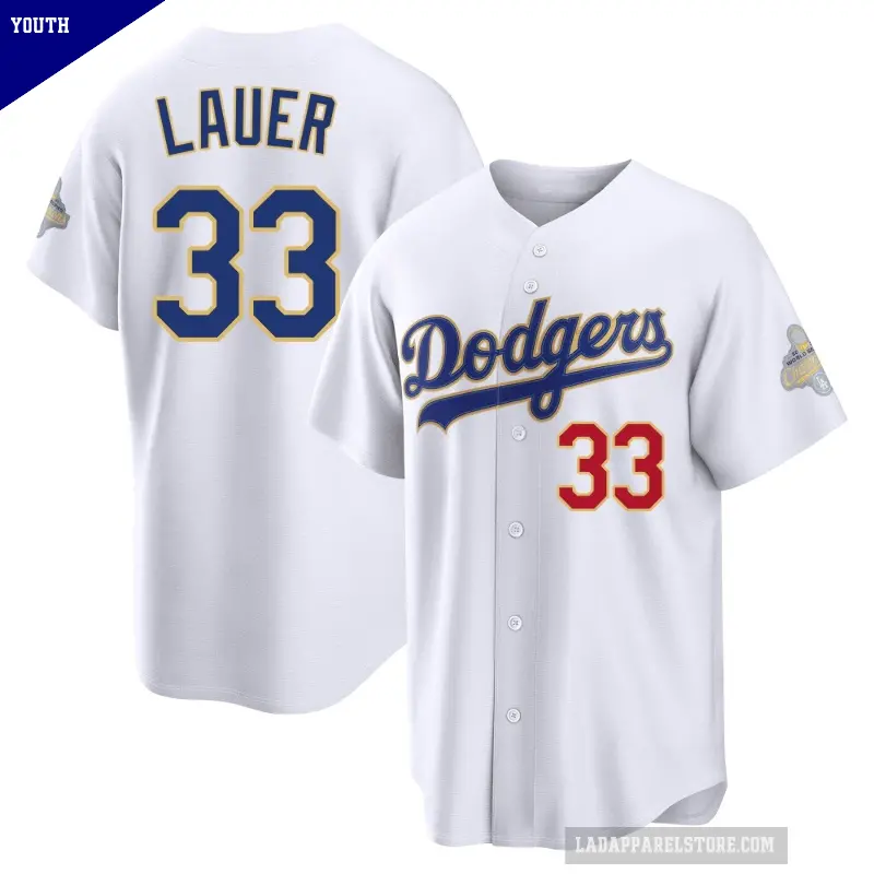 Youth No.33 Eric Lauer Los Angeles Dodgers Gold Limited White 2026 Collection Stadium Jersey