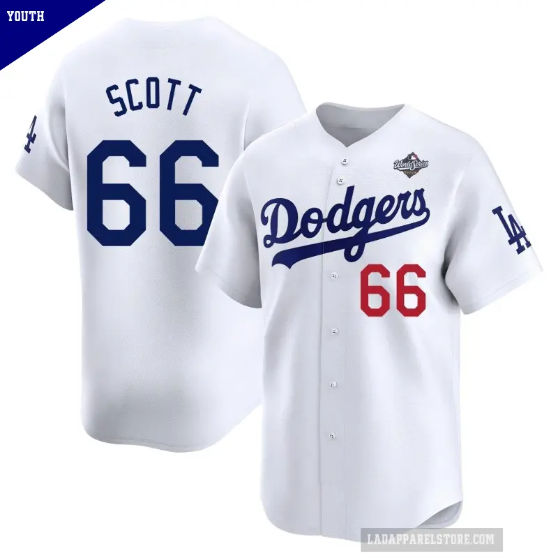 Youth No.66 Tanner Scott Los Angeles Dodgers White Limited Home 2025 World Series Jersey
