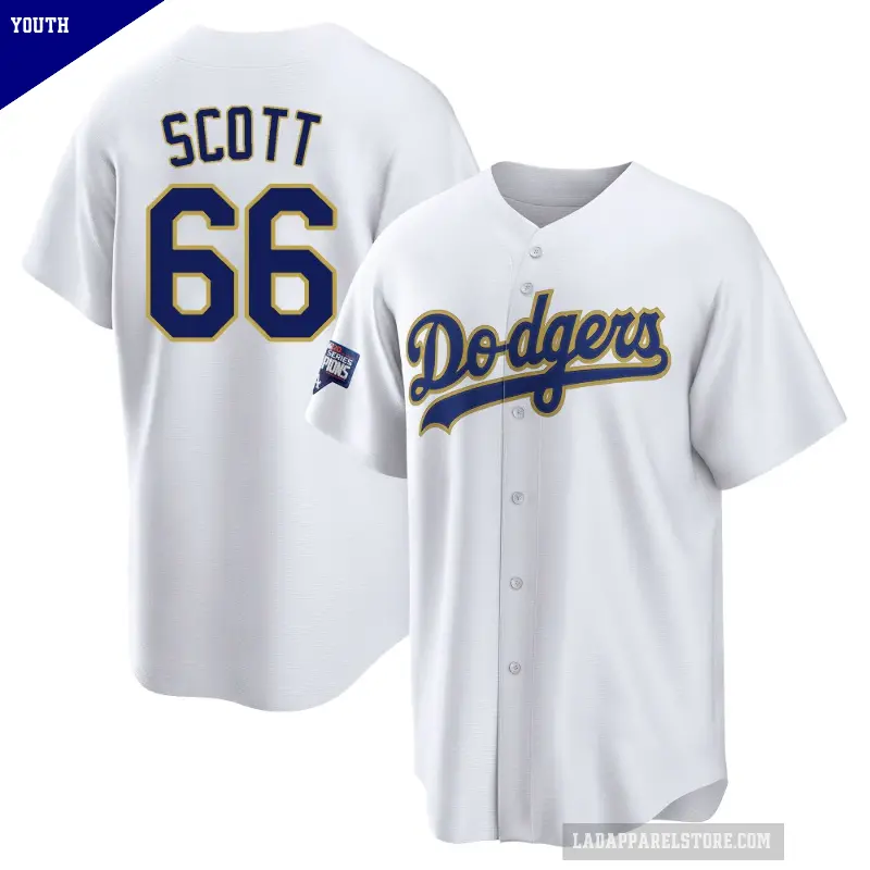 Youth No.66 Tanner Scott Los Angeles Dodgers White/Gold Replica 2021 Gold Program Player Jersey
