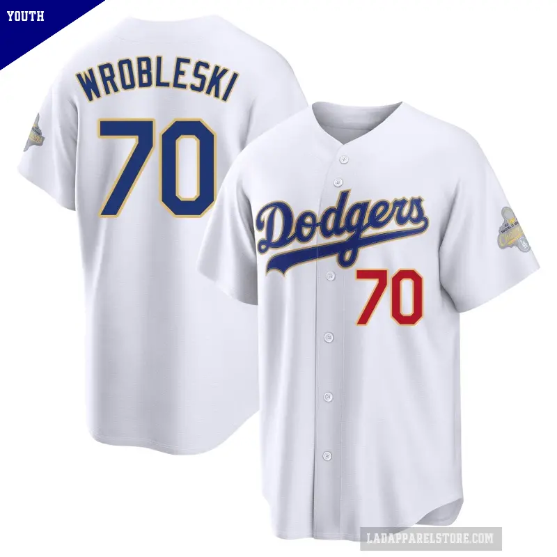 Youth No.70 Justin Wrobleski Los Angeles Dodgers Gold Limited White 2026 Collection Stadium Jersey
