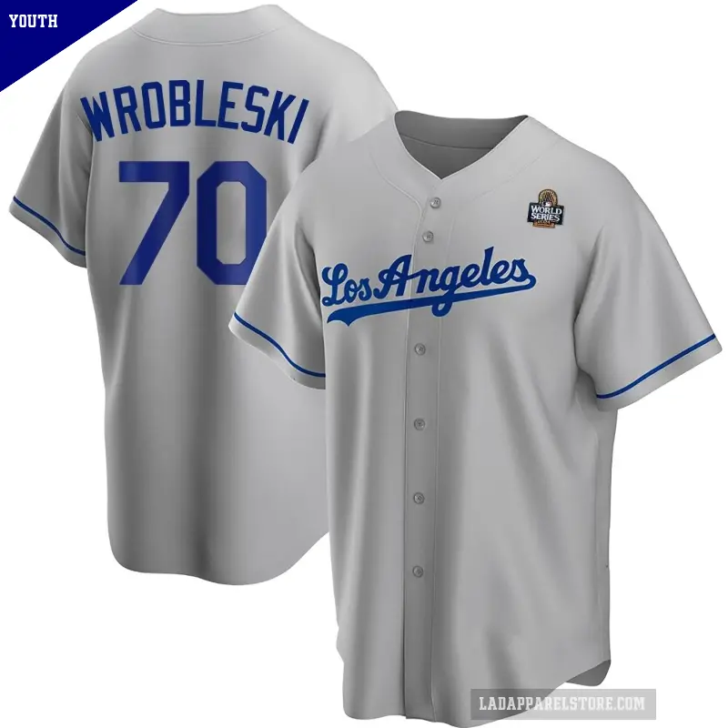 Youth No.70 Justin Wrobleski Los Angeles Dodgers Gray Replica Road 2024 World Series Jersey