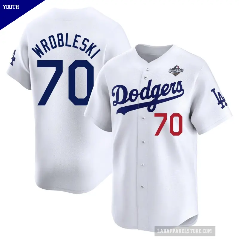 Youth No.70 Justin Wrobleski Los Angeles Dodgers White Limited Home 2025 World Series Jersey