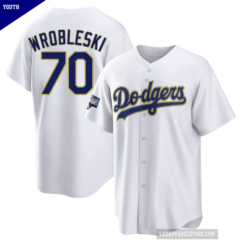 Youth No.70 Justin Wrobleski Los Angeles Dodgers White/Gold Replica 2021 Gold Program Player Jersey