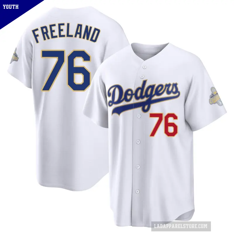 Youth No.76 Alex Freeland Los Angeles Dodgers Gold Limited White 2026 Collection Stadium Jersey